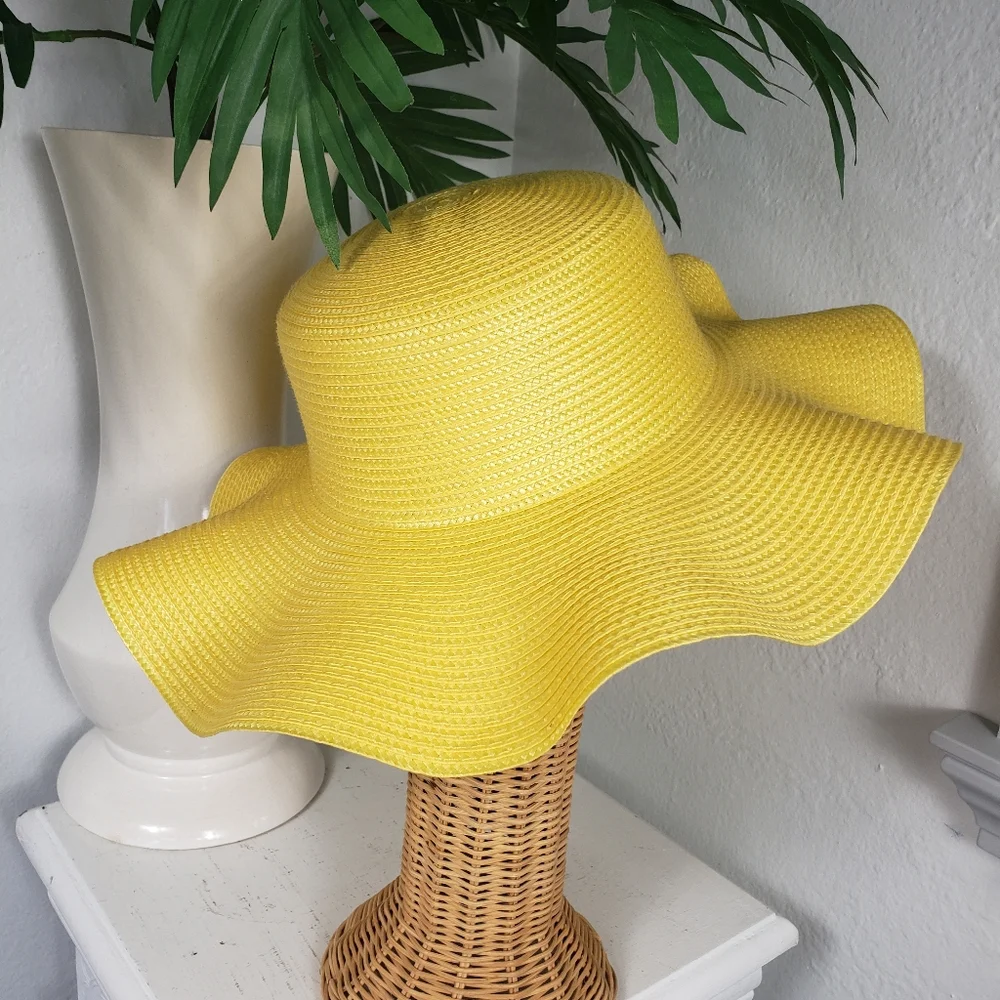 Bright Yellow Straw w/ Wavy Rim Edges -  Beach Coastal Resort Bright & Cheerful